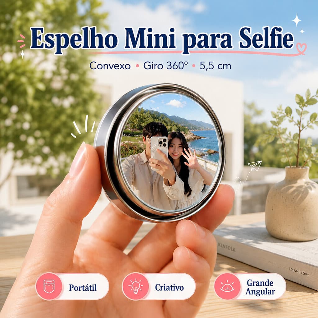Espelho Convexo Portátil Redondo – Para Selfies, Registro de Pegadas em Viagens e Adereços Criativos