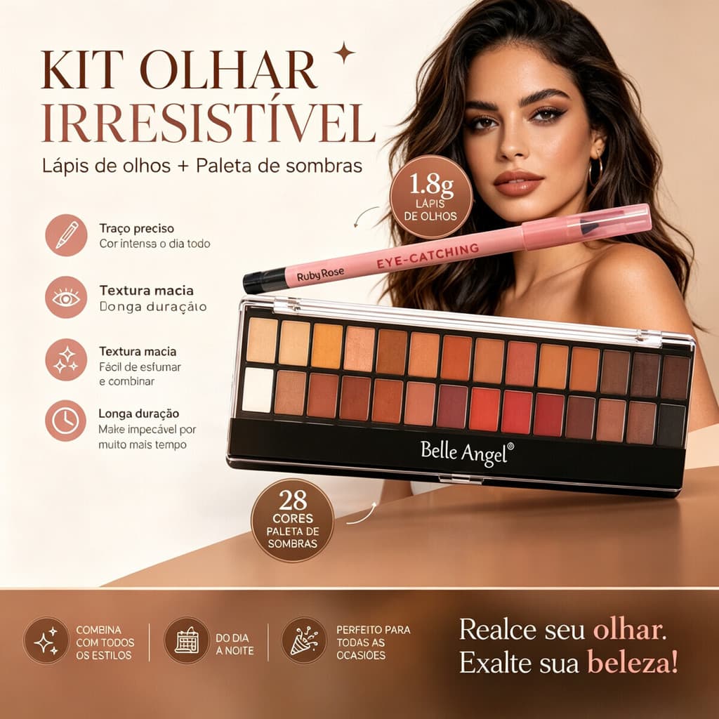 Kit Olhos Ruby Rose + Belle Angel – Lápis 1,8g e Paleta 28 Cores para Dia, Festa e Presentear HB-E2400+B013-1
