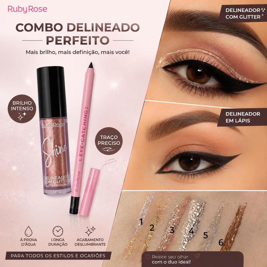 Kit Delineador Ruby Rose Lápis + Delineador Glitter Shine À Prova D'água Longa Duração Olhar Brilhante