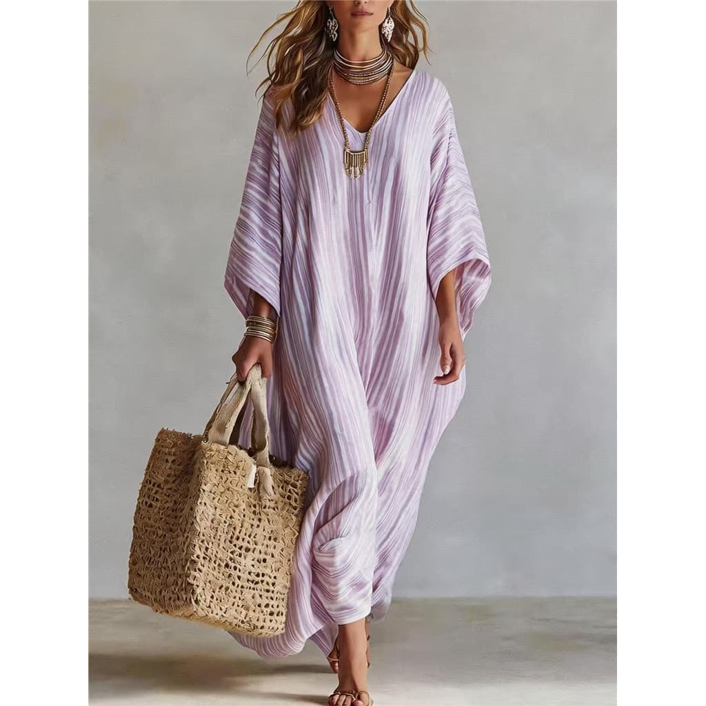Vestido Maxi Listrado De Verão Feminino , Ajuste Solto , Decote Em V , Manga hlaf , Boho , Longo , Casual , Fluido , Pra