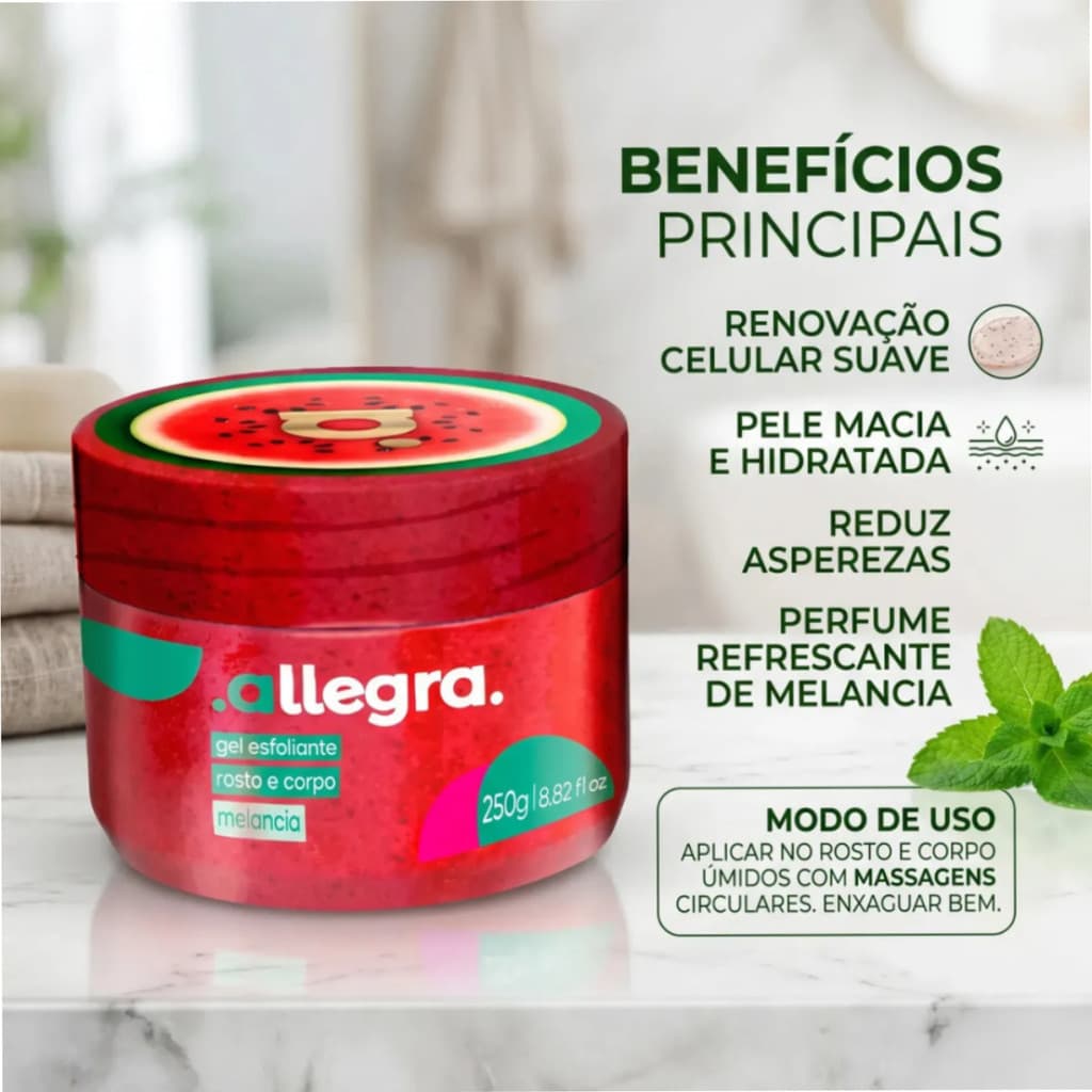 Gel Esfoliante Facial e Corporal Allegra Melancia 250g Limpeza da Pele Esfoliação Suave Hidratação Uso Diário