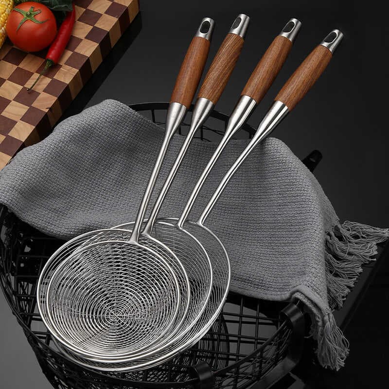 Colher de macarrão coador de aço inoxidável 304, cabo de madeira, cozinha doméstica, bolinho frito, colher de pesca, fil