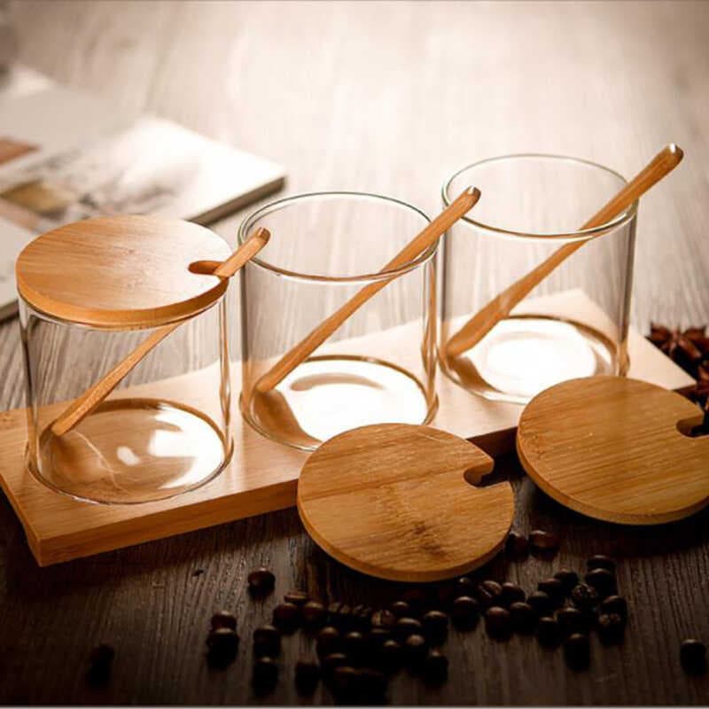 Cozinha sal MSG tempero jar vidro transparente bambu Rack de madeira tempero jar combinação conjunto tempero garrafa con
