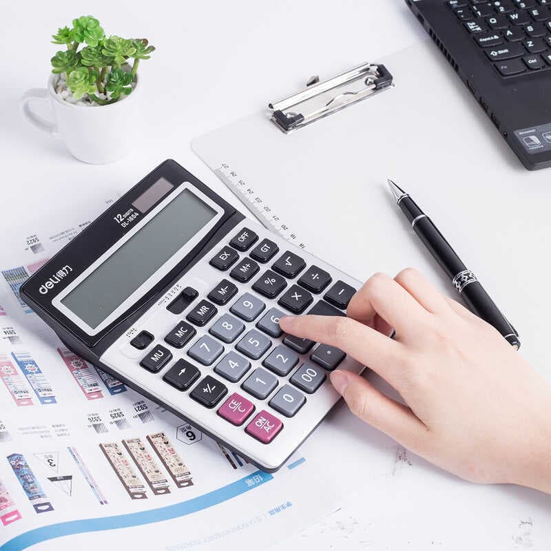 Deli 1654 Dual Power Wide Screen Desktop Calculadora Computador Financeiro Clássico Cinza Prateado
