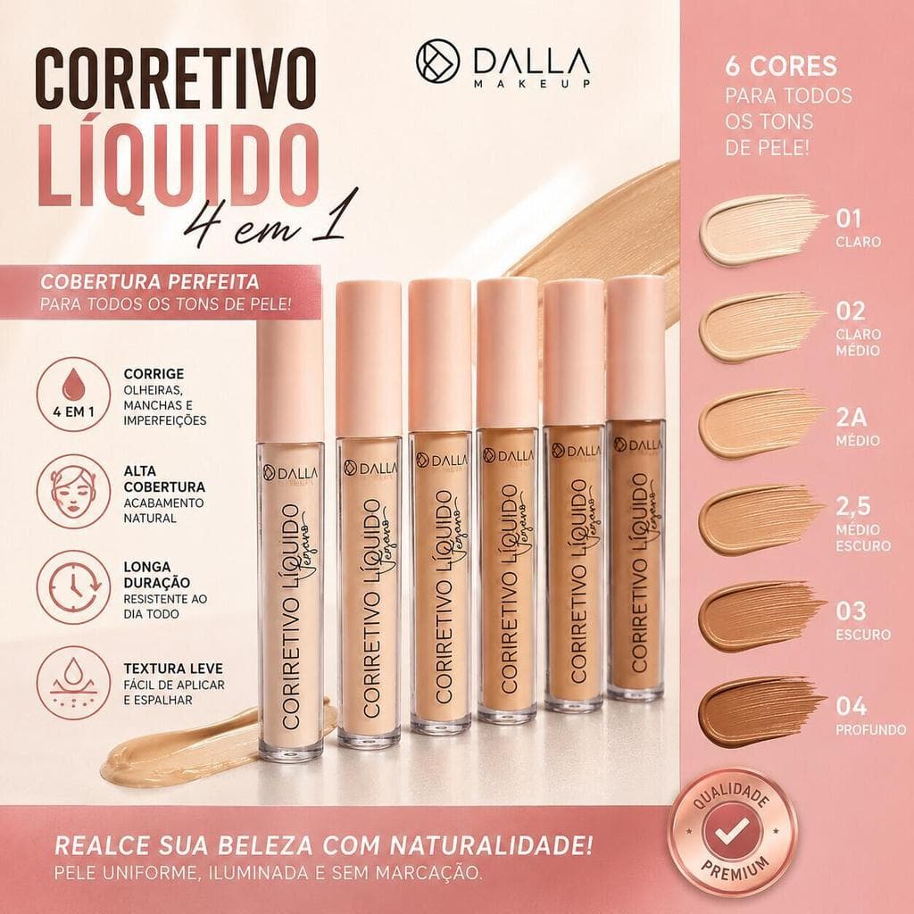 Corretivo Líquido Dalla DL043 Vegano com Alta Cobertura para Olheiras e Imperfeições
