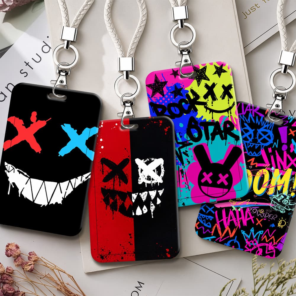 Porta-Cartões De Identificação De Plástico Red Black Monster Face Com Alça De Chaveiro Para Cartão De Campus E Crachá De