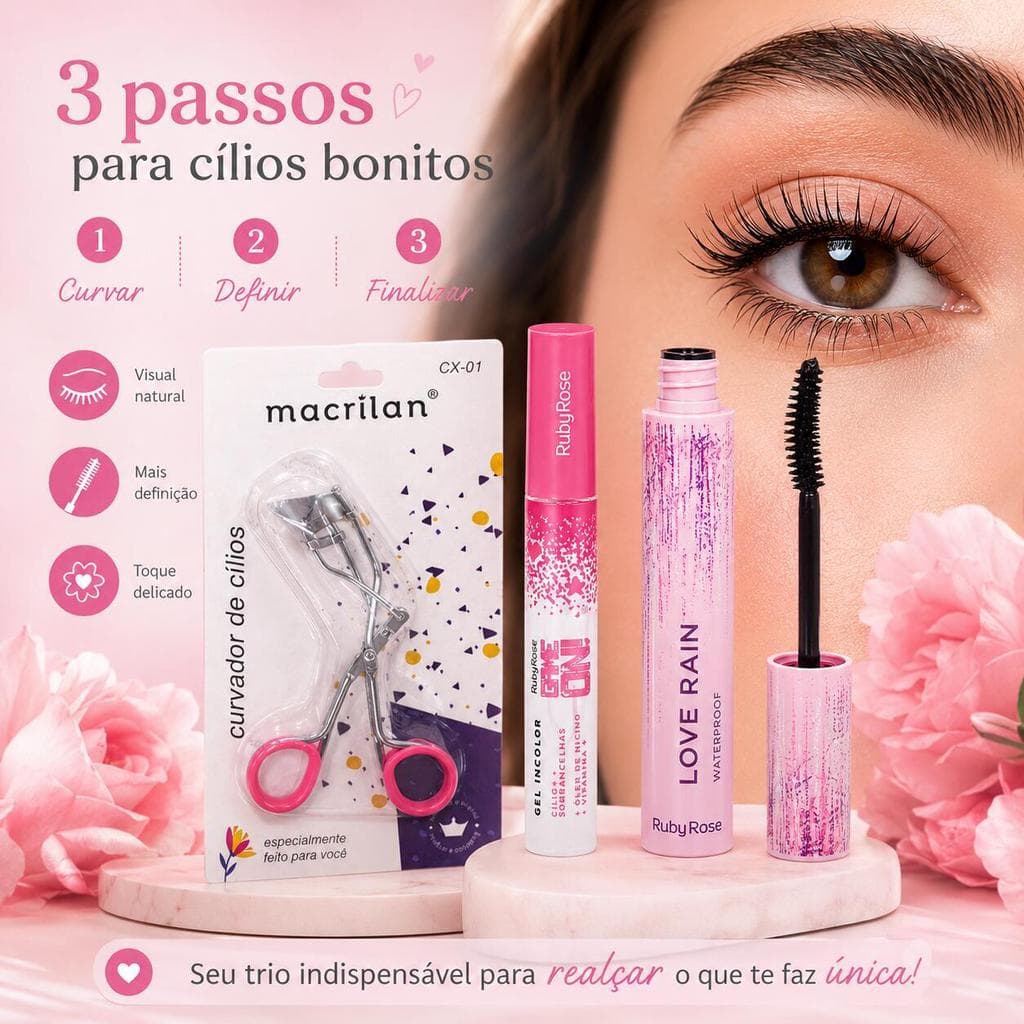 Kit 3 em 1 de Beleza – Curvador Macrilan + Gel para Sobrancelhas Ruby Rose + Máscara Love Rain