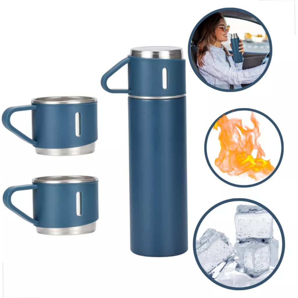 Kit Garrafa Térmica 500ml com 3 Xícaras Aço Inoxidável para Café e Viagem Azul Marinho