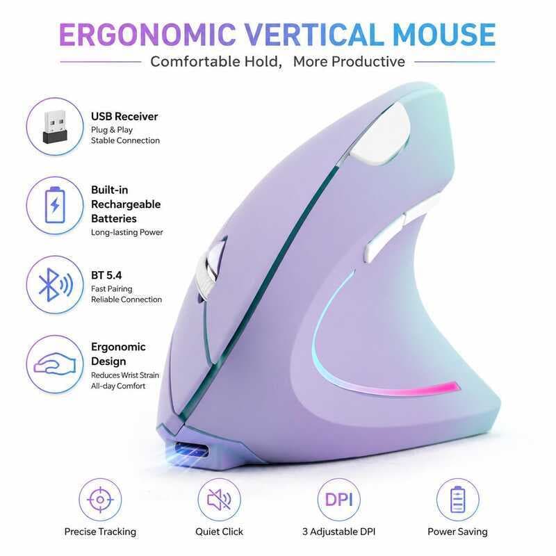 Mouse Sem Fio Type-C Vertical Ergonômico Recarregável Com Bluetooth E USB 2.4G RGB Light Quiet Ajustável DPI Reduz A Ten