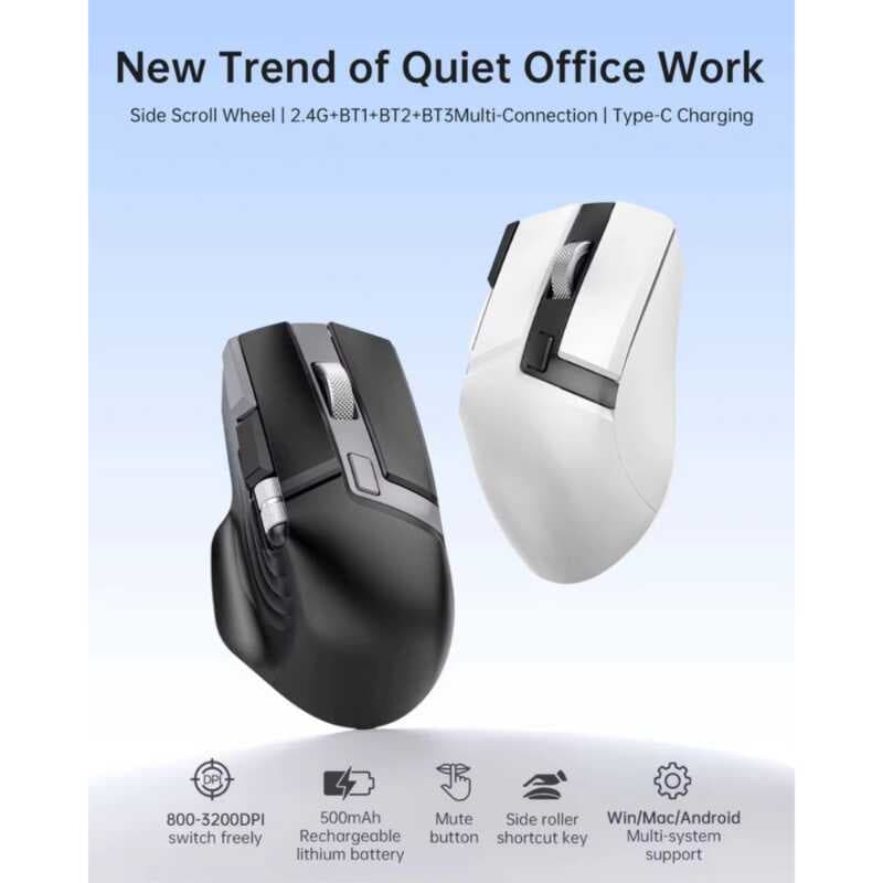 Sem Fio Bluetooth 2.4G Modo Duplo Carregamento Mouse Metal Roda De Rolagem Lateral 800-3200 DPI Ajuste Escritório Ergonô