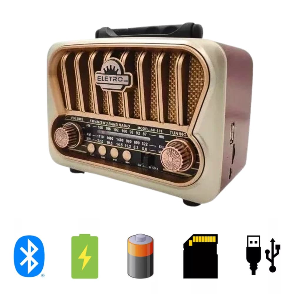 Rádio Clássico Retrô 3W Bluetooth 5.1 Recarregável Com Lanterna Alça De Transporte Eletromex EL-1311