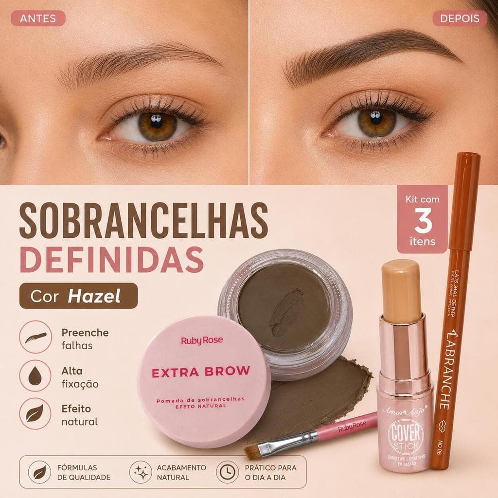 Kit Maquiagem 3 Itens Ruby Rose Pomada Sobrancelhas Corretivo em Bastão Lápis Contorno Labial Labranche