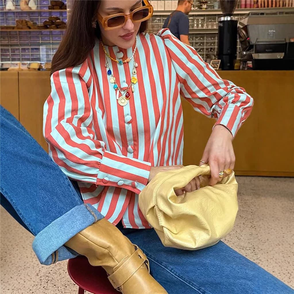2026 verão novo estilo listrado contraste cor camisa de manga comprida solta em torno do pescoço Casual estilo férias ca