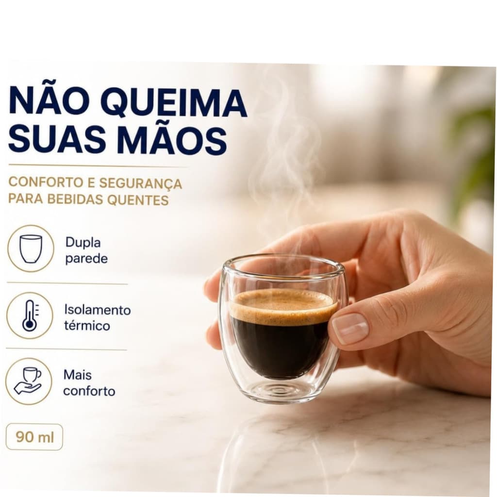 Xícara de Vidro Dupla Parede 90ml Kit 6 Borossilicato para Café Espresso Chá Cappuccino