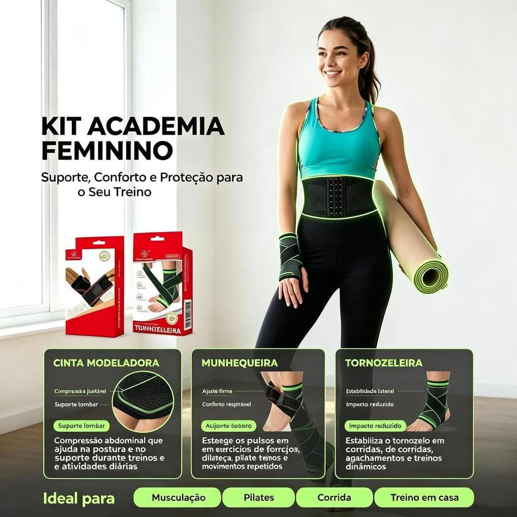 Kit Proteção Esportiva Feminina: Cinta Modeladora + Munhequeira + Tornozeleira, Suporte para Academia e Yoga