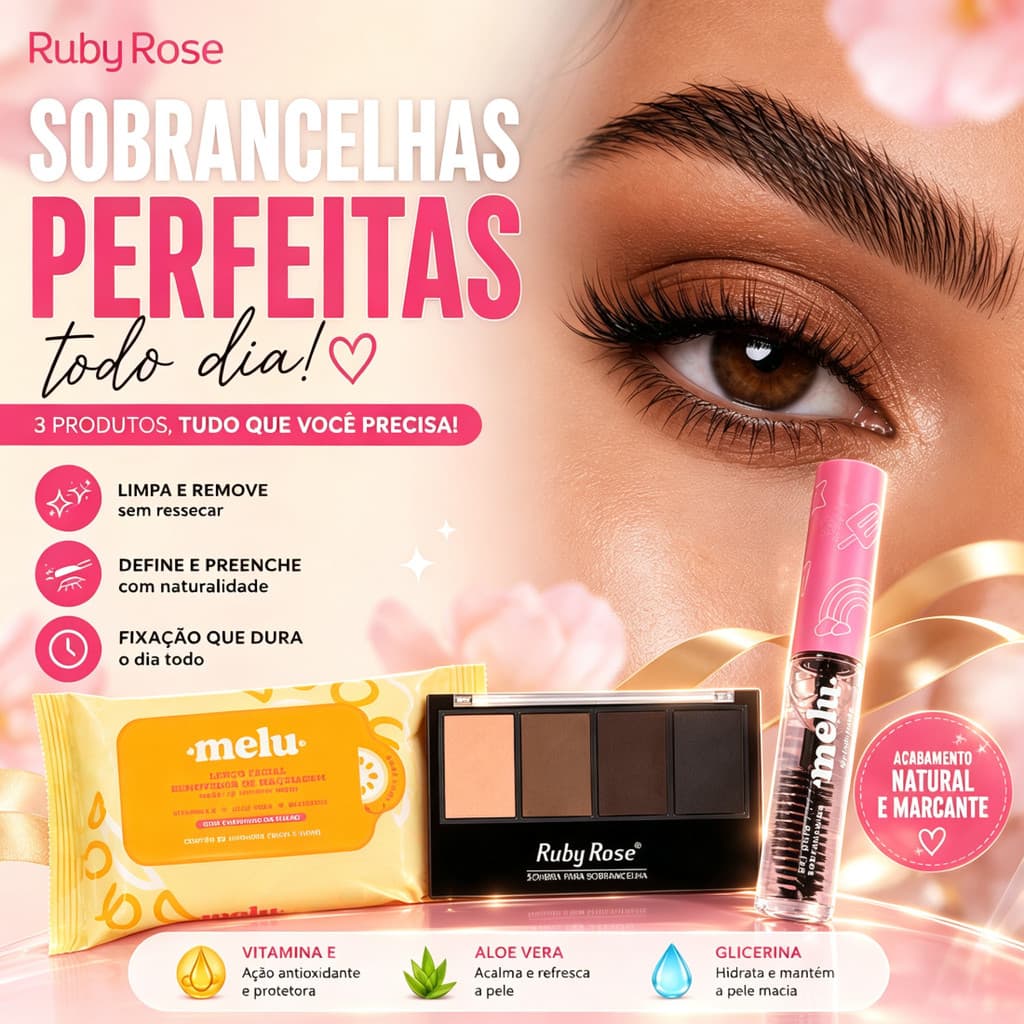 Kit Sobrancelhas Ruby Rose 3 Itens Lenço Demaquilante Paleta Gel para Definir e Modelar