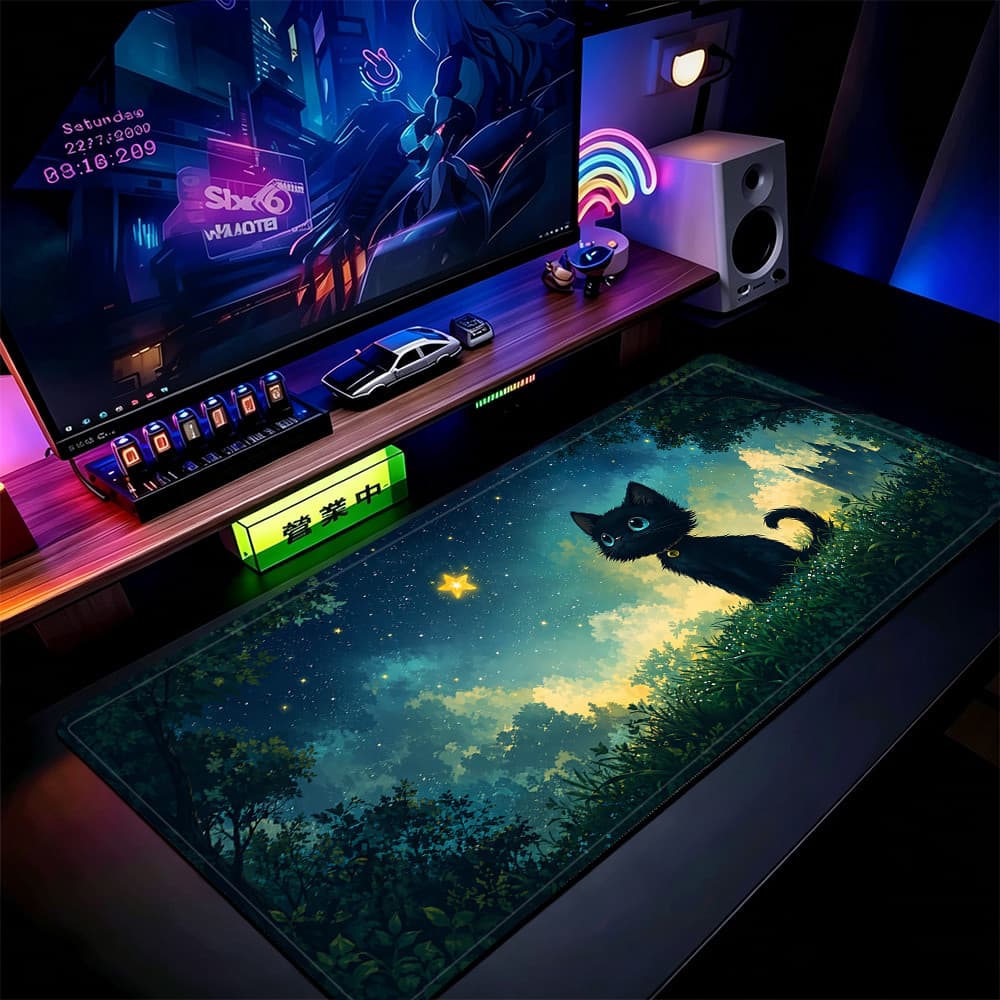 Tapete De Rato Da Floresta Estrelada Do Gato Preto 80x30cm Mesa Estendido Para Jogos Base Antiderrapante Bordas Costurad