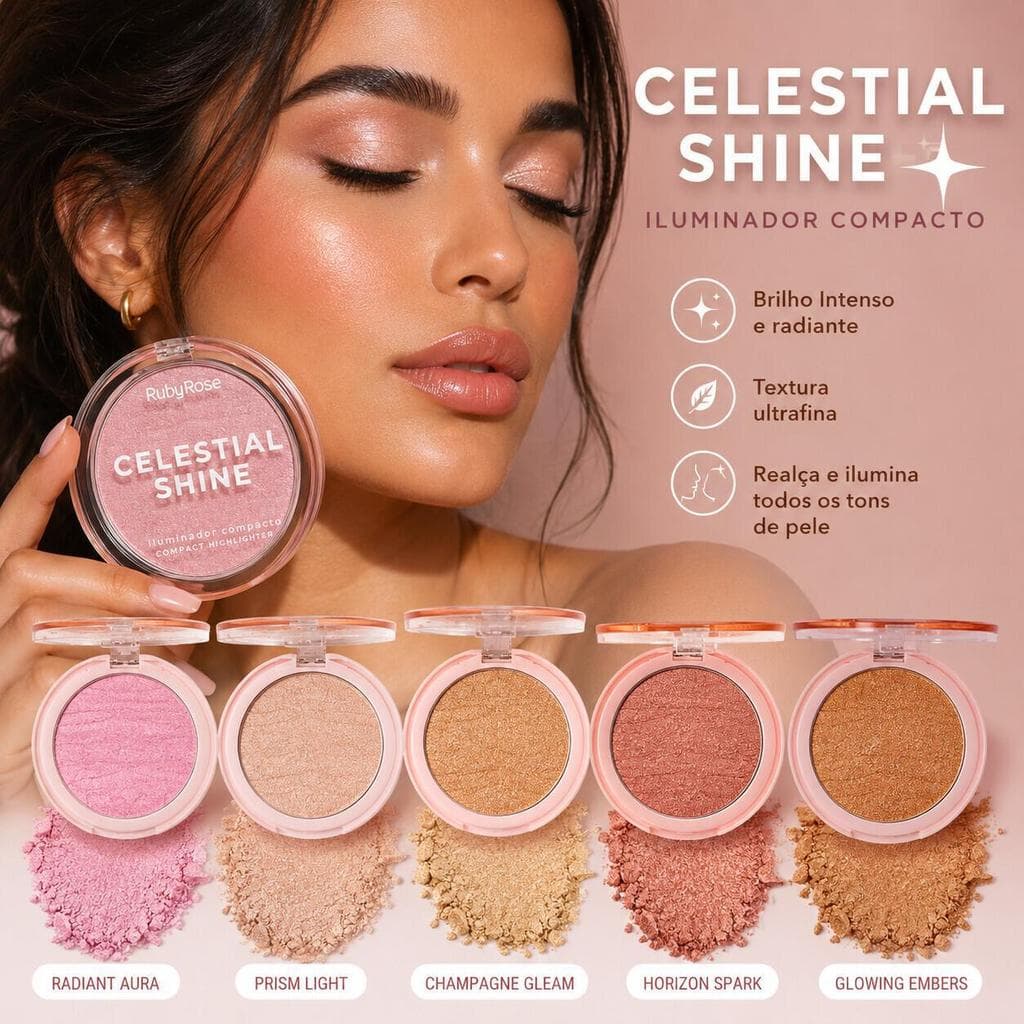 Iluminador Facial Ruby Rose Celestial Shine HB-M701 - Glow Radiante e Efeito Iluminado