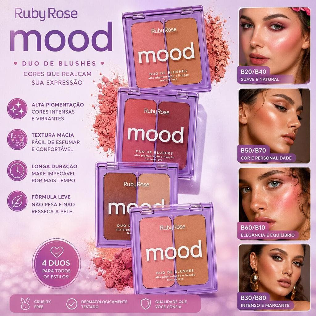 Duo Blush Ruby Rose HB-870 Com Vitamina E Acabamento Natural Alta Pigmentação
