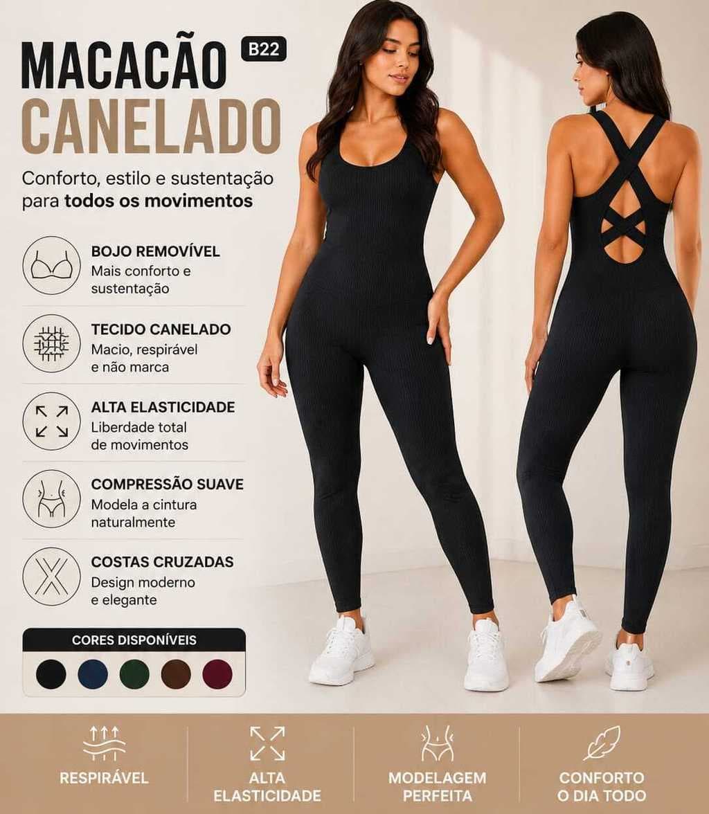 Macacão Fitness Feminino Sem Costura Canelado Modelador Costas Cruzadas Bojo Removível B22