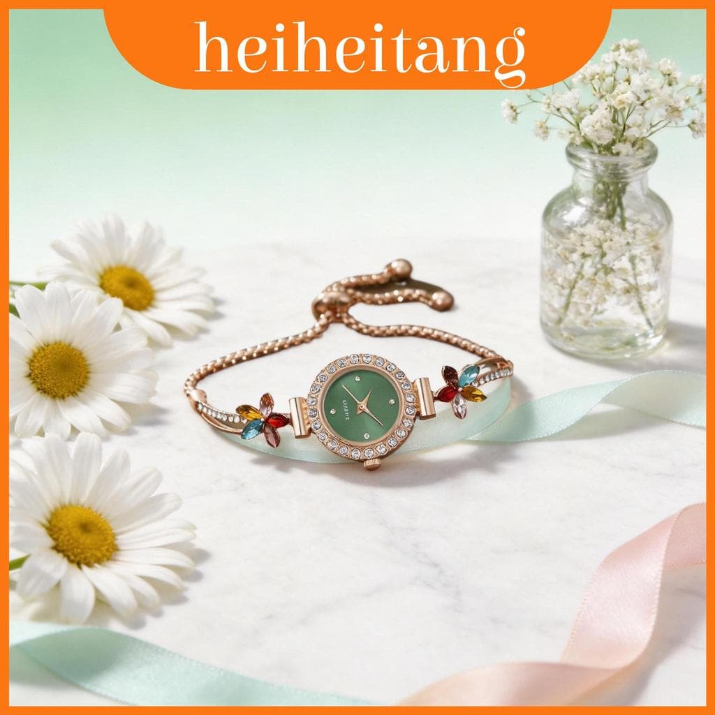 Relógio De Quartzo Pequeno Floral Fresco Para Mulheres Com Pulseira De Liga De Enfeites De Diamante E