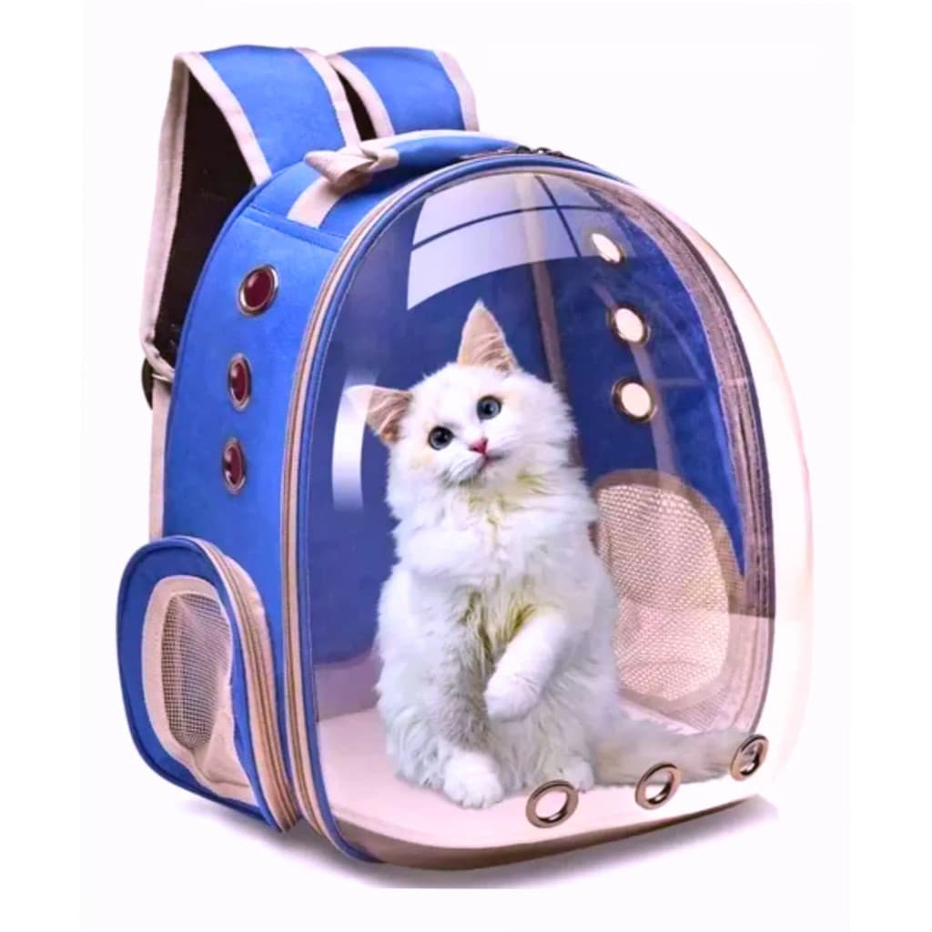 AZUL - Mochila Pet Transporte para Cães e Gatos Visão Ampla