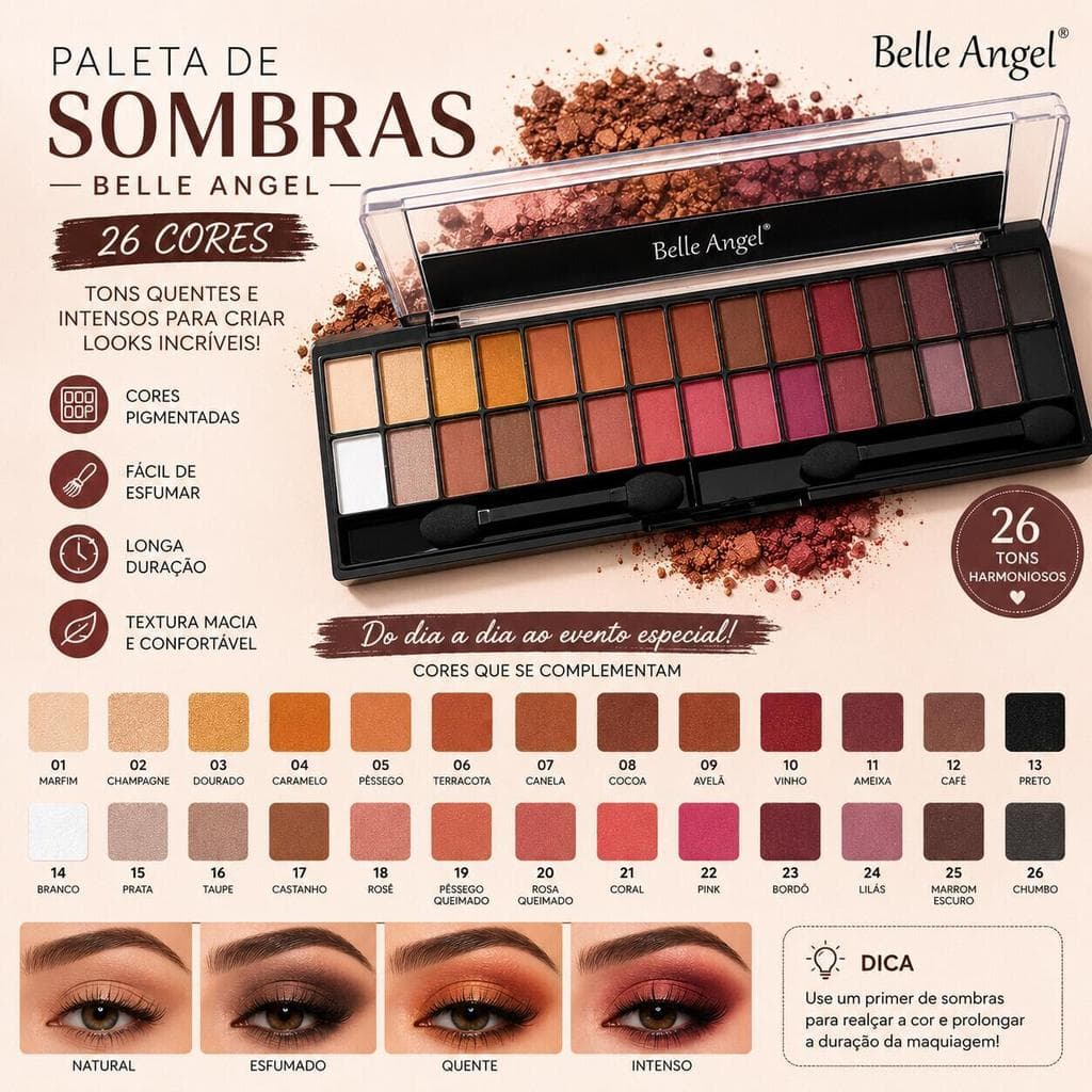 Belle Angel Paleta de Sombras 28 Cores Nude B013-1 Tons Neutros Matte e Cintilantes para Look Versátil