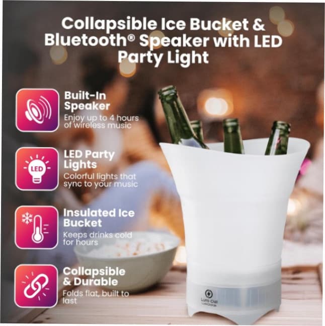 Balde de Gelo Bluetooth com LED 5L Dobrável Caixa de Som Portátil para Festa Churrasco Piscina
