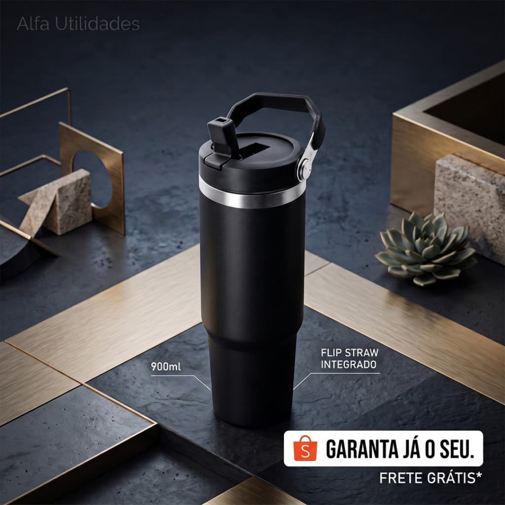Garrafa Térmica 900ml Com Canudo Flip Straw Aço Inox