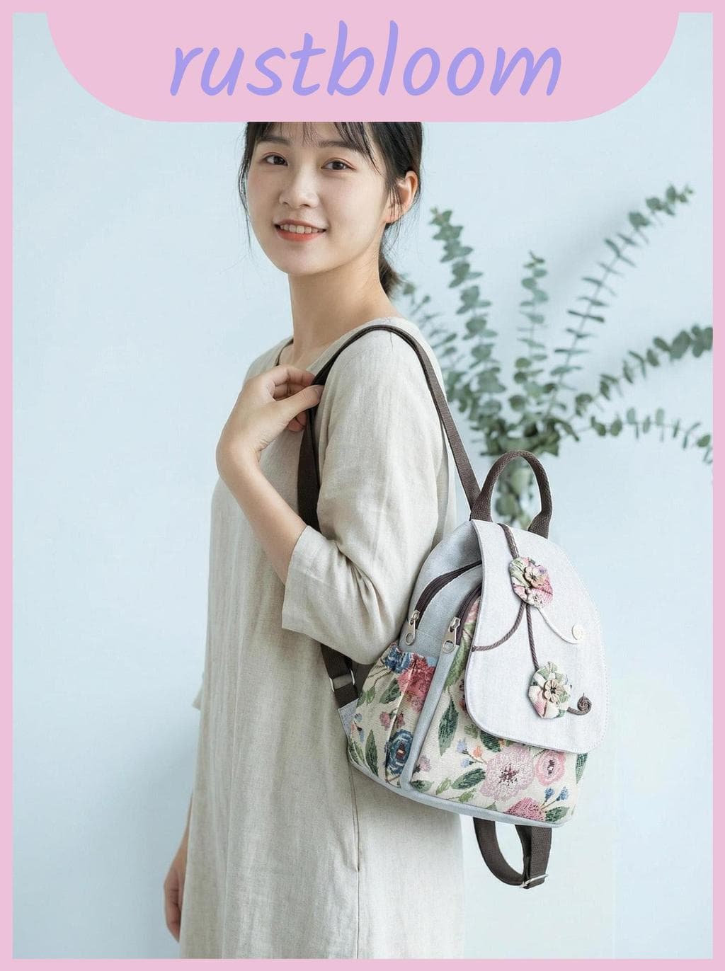 Mochila De Lona Folk Tradicional Bordada Para Mulheres Com Motivo De Flor E Compartimento Laptop De 15 Polegadas Viagem