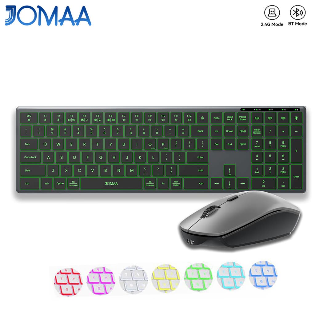 JOMAA Combinação De Teclado E Mouse Sem Fio Bluetooth 2.4G USB Ergonômico De Liga De Alumínio Com Luz De Fundo RGB Silen