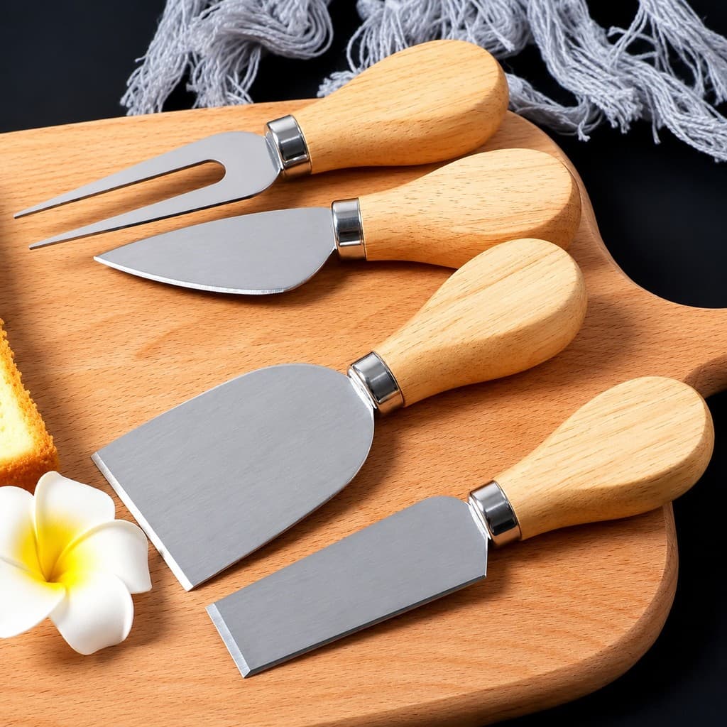 Kit Para Queijo e Petisco 4 Peças em Aço Inox e Madeira