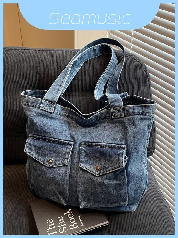 Bolsa De Ombro Estilo Jeans Coreano Com Design Minimalista E Vários Bolsos Para Uso Casual