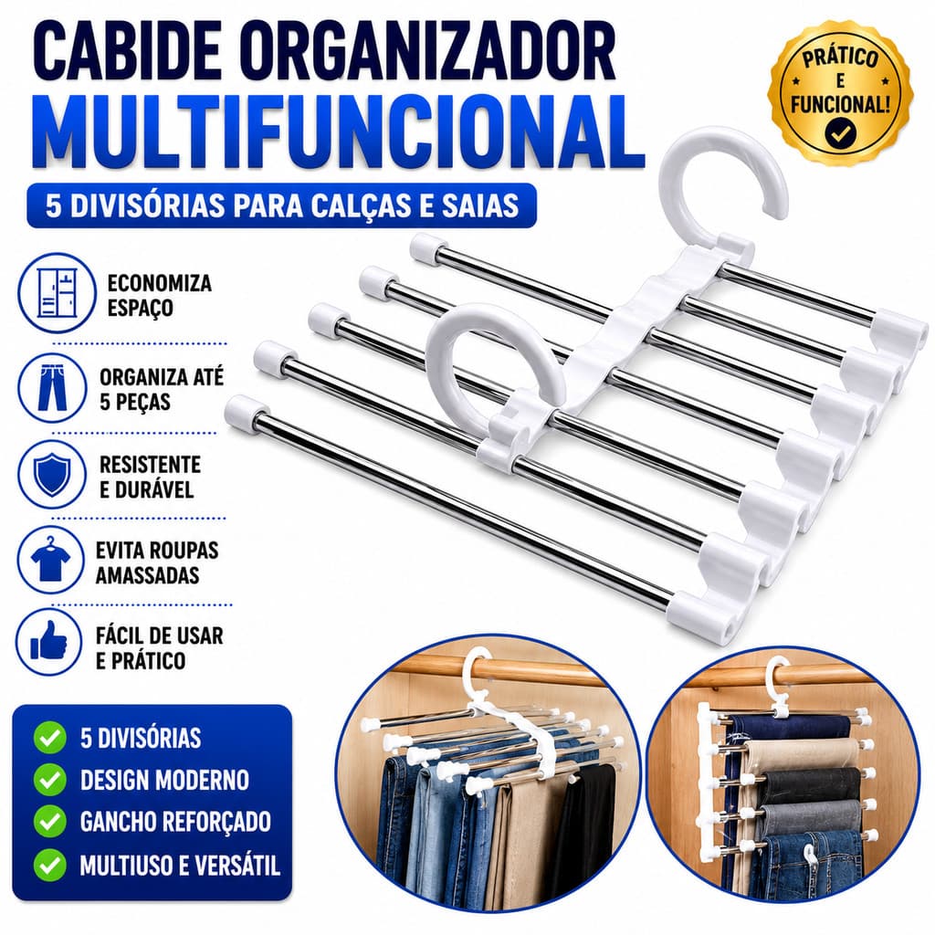 Cabide Organizador Multifuncional 5 Divisórias Para Calças e
