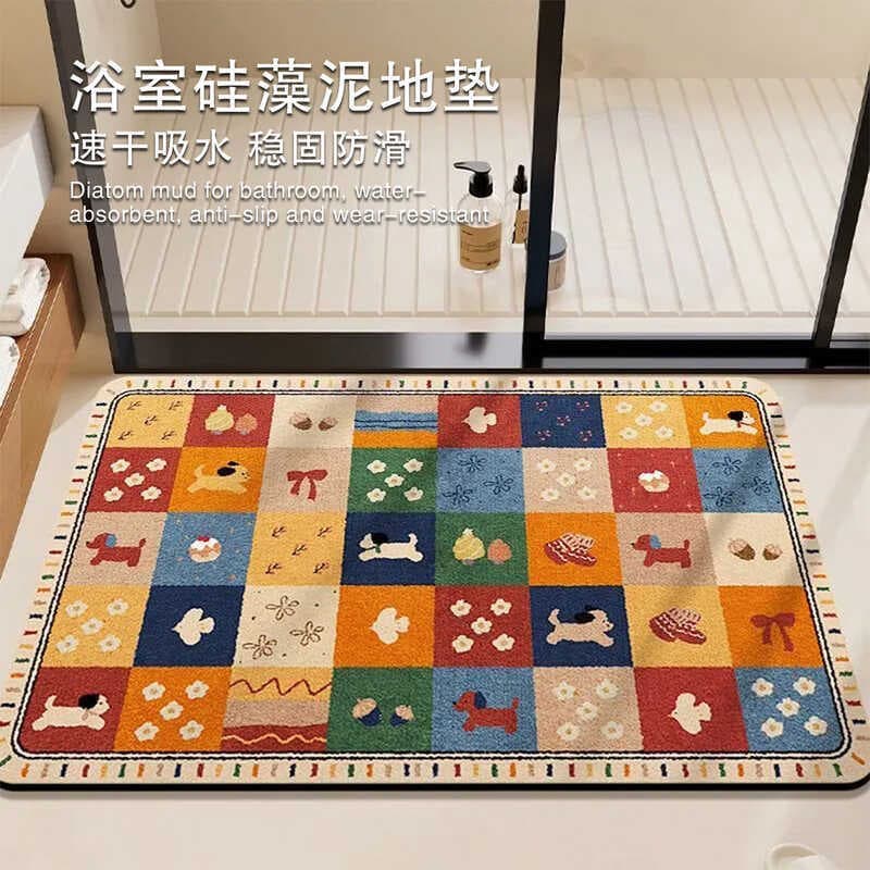 Tapete de chão de banheiro com lama de diatomáceas, desenho animado, absorve água, secagem rápida, antiderrapante, porta