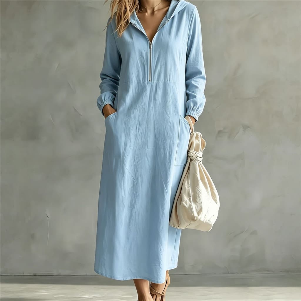Mulheres Cor Sólida Casual Com Capuz Meio Zíper Bolso Midi Vestido Primavera Outono Manga Longa Solta Praia Vestidos De