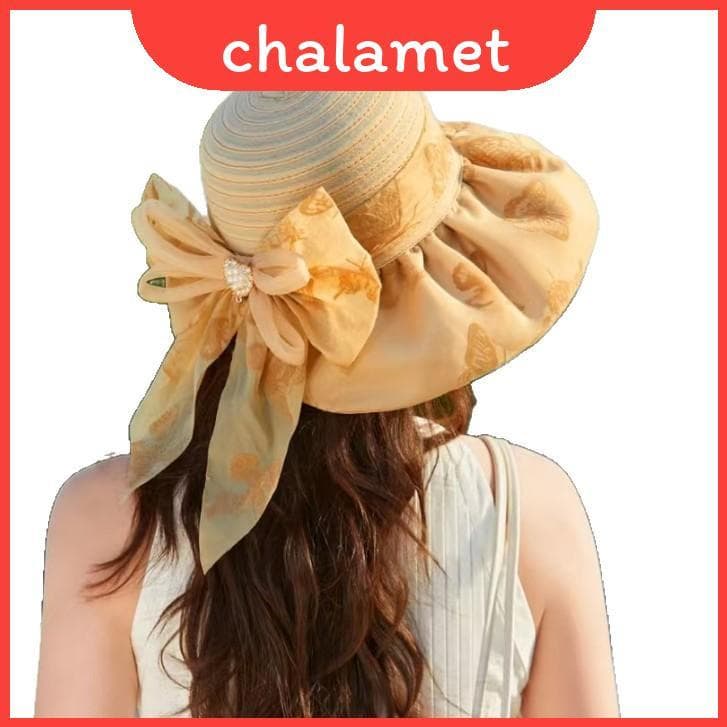 Chapéu De Aba Larga Da Moda Feminina Com Gravata Borboleta E Estampa De Flores Para Guarda-Sol Estilo