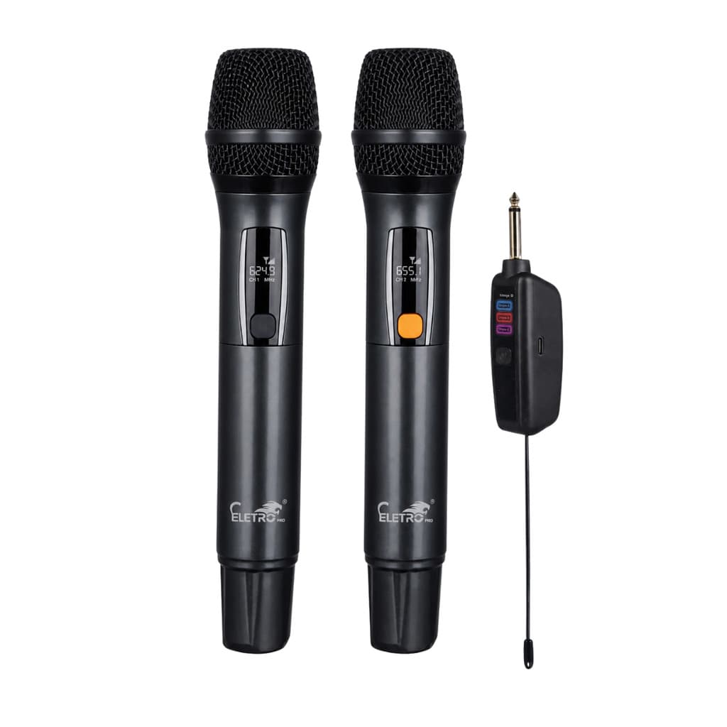 Kit 02 Microfones Sem Fio P10 Wireless Karaokê Profissional Eletromex EL-5021