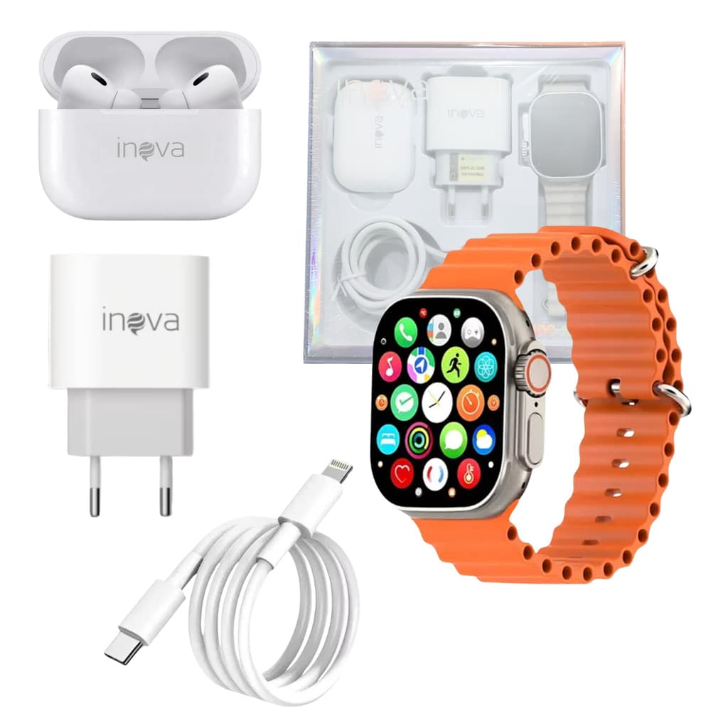 KIT Smartwatch 49mm + Fone Ouvido + Fonte TIPO-C + Cabo Lightning Original INOVA