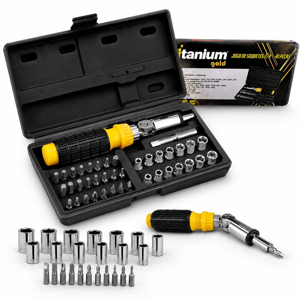 Jogo de Bits e Soquetes Sextavado 41 Peças Titanium com Catraca Reversível e Estojo
