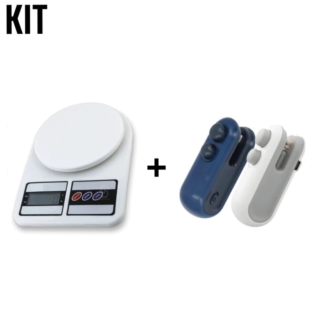 Balança Digital de Cozinha + Mini Seladora Para Sacos Plásticos Azul ou Branca