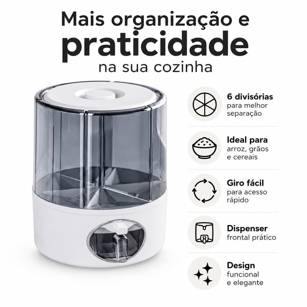 Dispenser De Alimentos e Cereais Organizador Giratório de Alimentos 6 Divisorias Branco