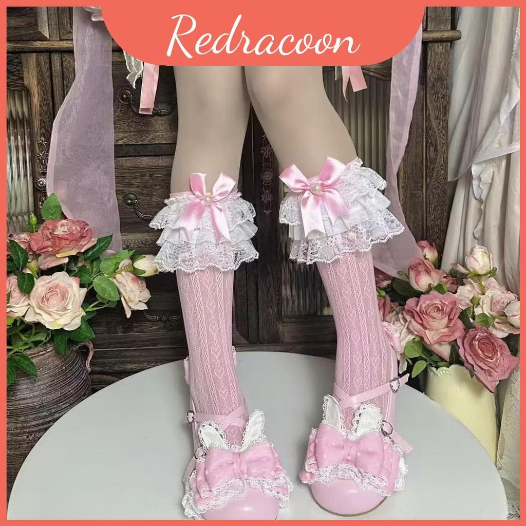 Meias Lolita Knee Girl Com Padrão De Laço E Material Respirável De Nylon