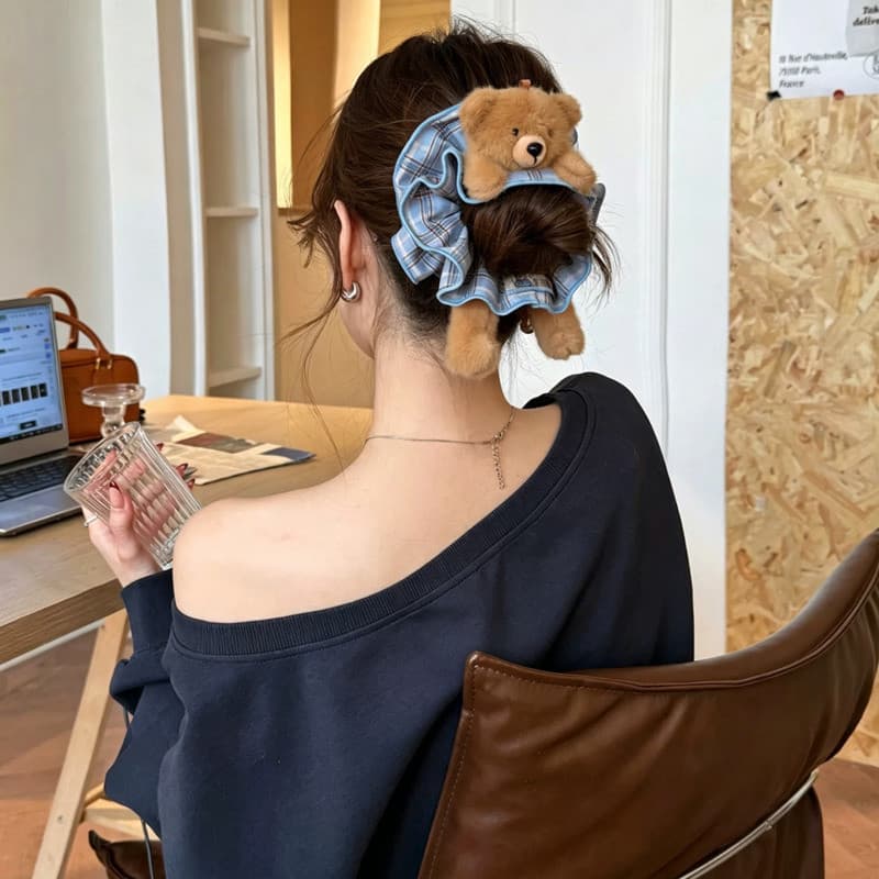 Bonito Urso De Pelúcia Xadrez Scrunchie Plissado Borda Elástico Laço De Cabelo Doce Estilo Universitário Rabo De Cavalo