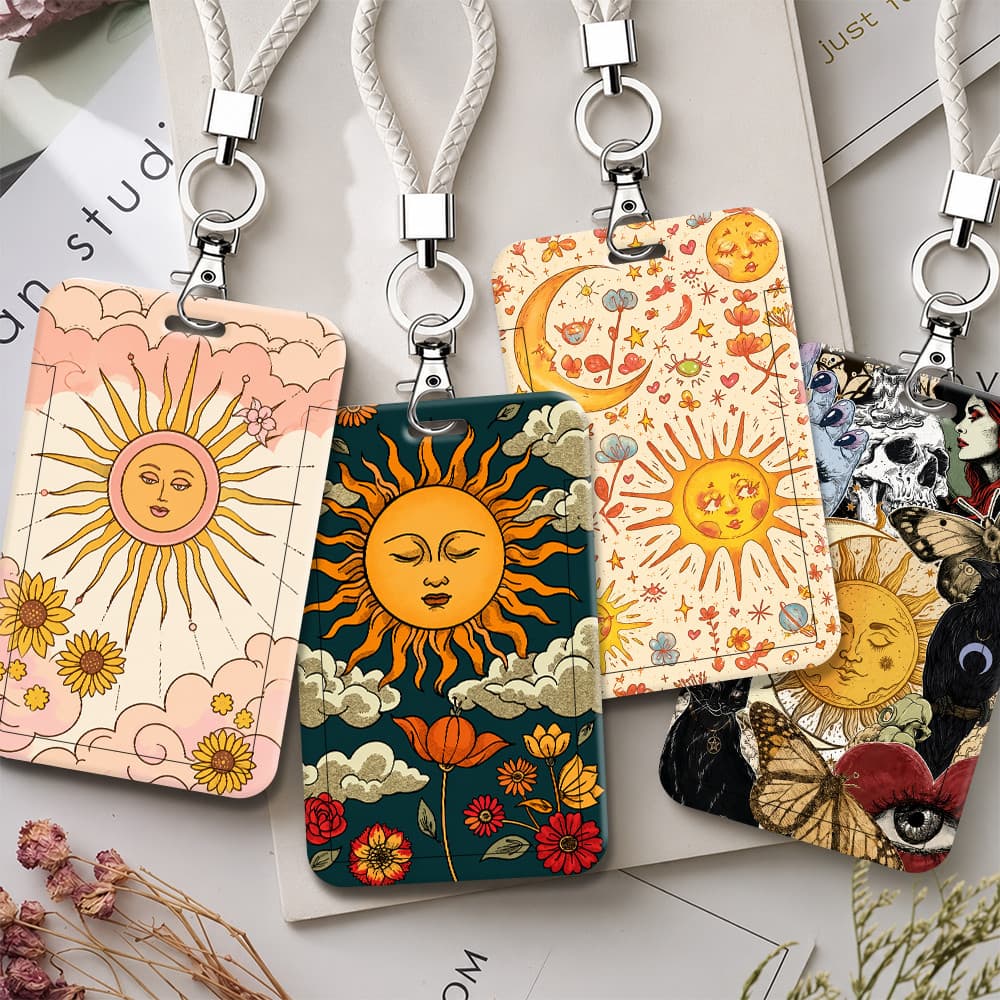 Porta-Cartões De Identificação De Plástico Floral Celestial Sun Com Alça De Chaveiro Para Cartão De Campus De Estudante