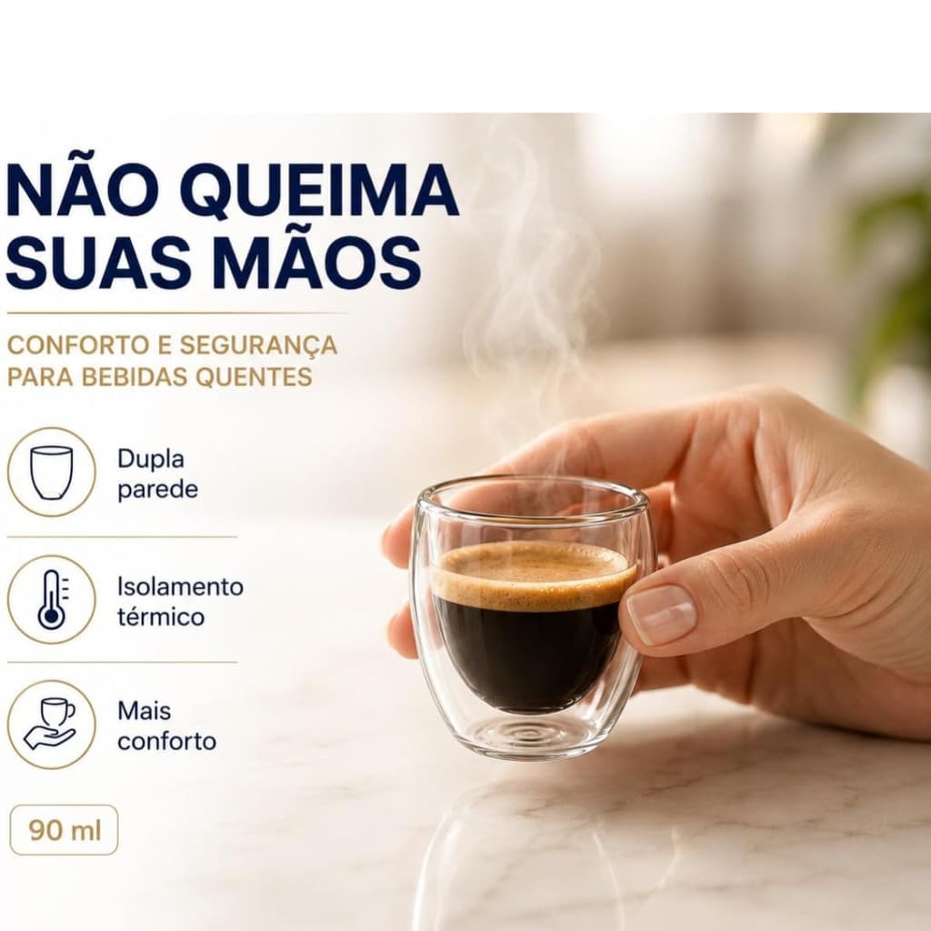 Conjunto 6 Xícaras Vidro Dupla Parede Borossilicato 90ml Café Chá