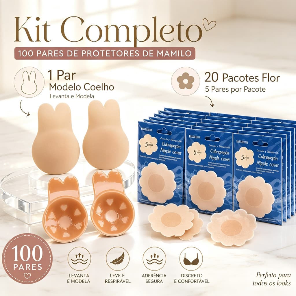 Kit 100 Pares Tapa Mamilo + Sutiã Adesivo Coelho – Invisível para Roupas Decotadas e Eventos