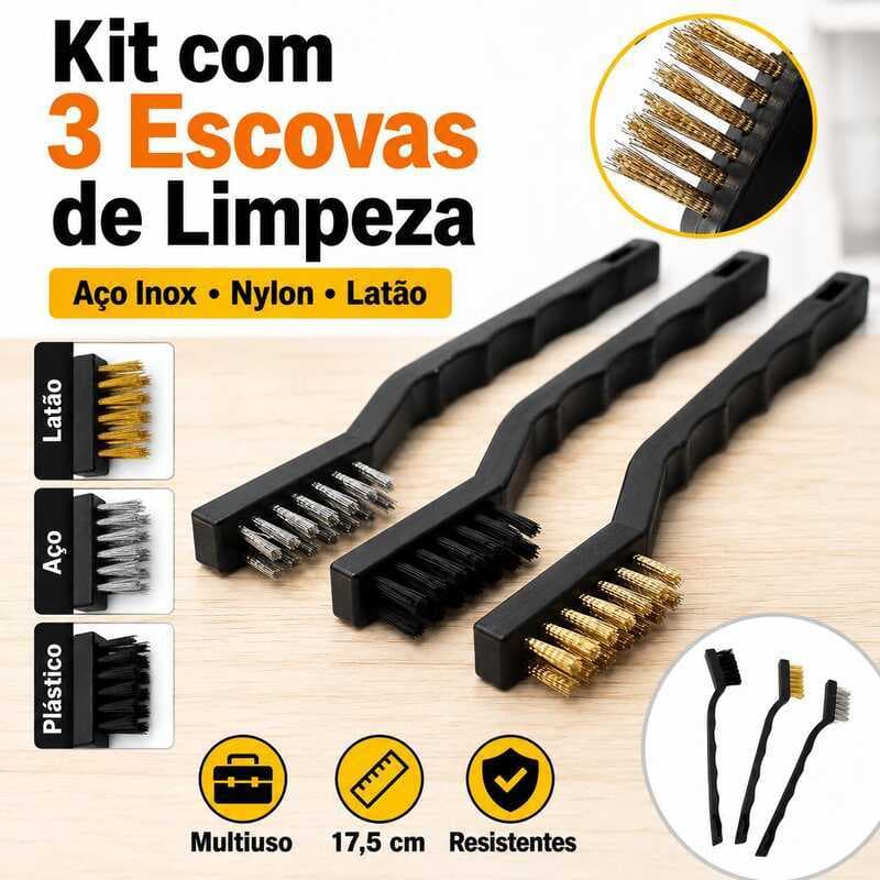 Escova de Aço Kit 3 Peças Latão Nylon Inox Limpeza Pesada Ferrugem Peças Ferramentas