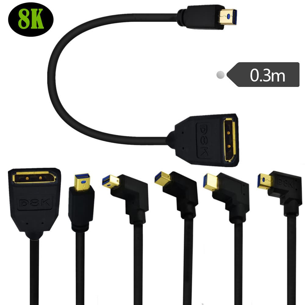 Cabo de vídeo 8K banhado a ouro mini DisplayPort macho cotovelo toDP barramento grande dp fêmea para mini dp macho cabo
