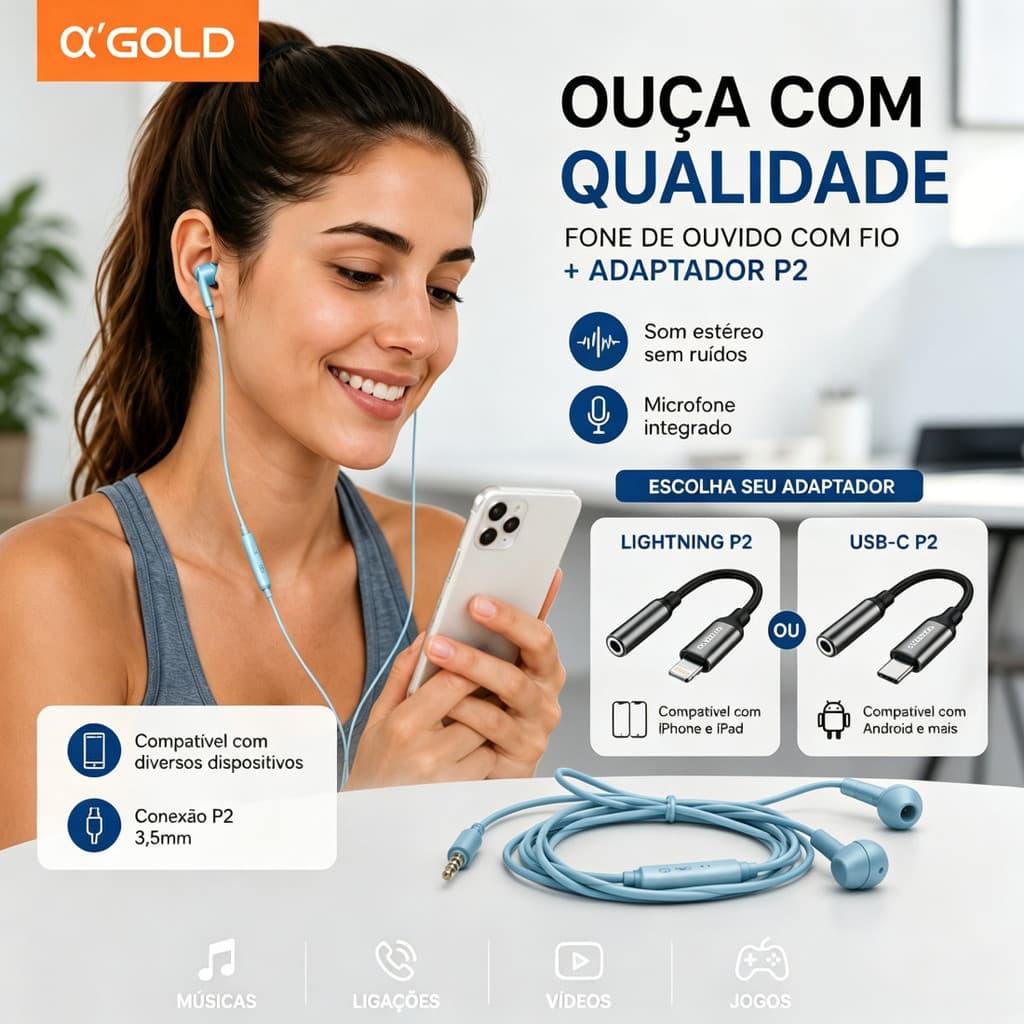Kit A'GOLD Fone de Ouvido com Fio P2 e Adaptador Lightning/USB-C – Ideal para iPhone e Android FN-A27+CBA-12/13